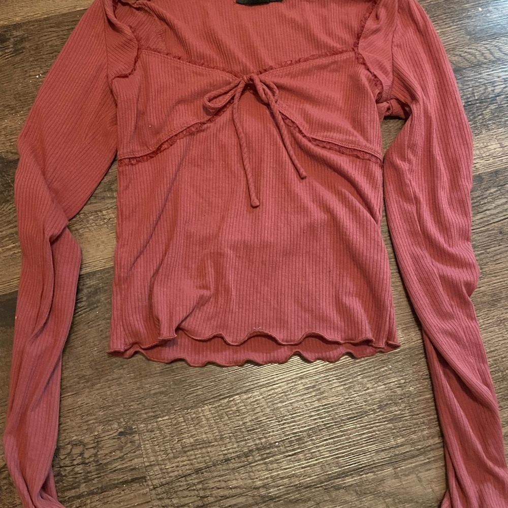 Forever 21 Pink Ruffled Tie Front Long Sleeve Blouse